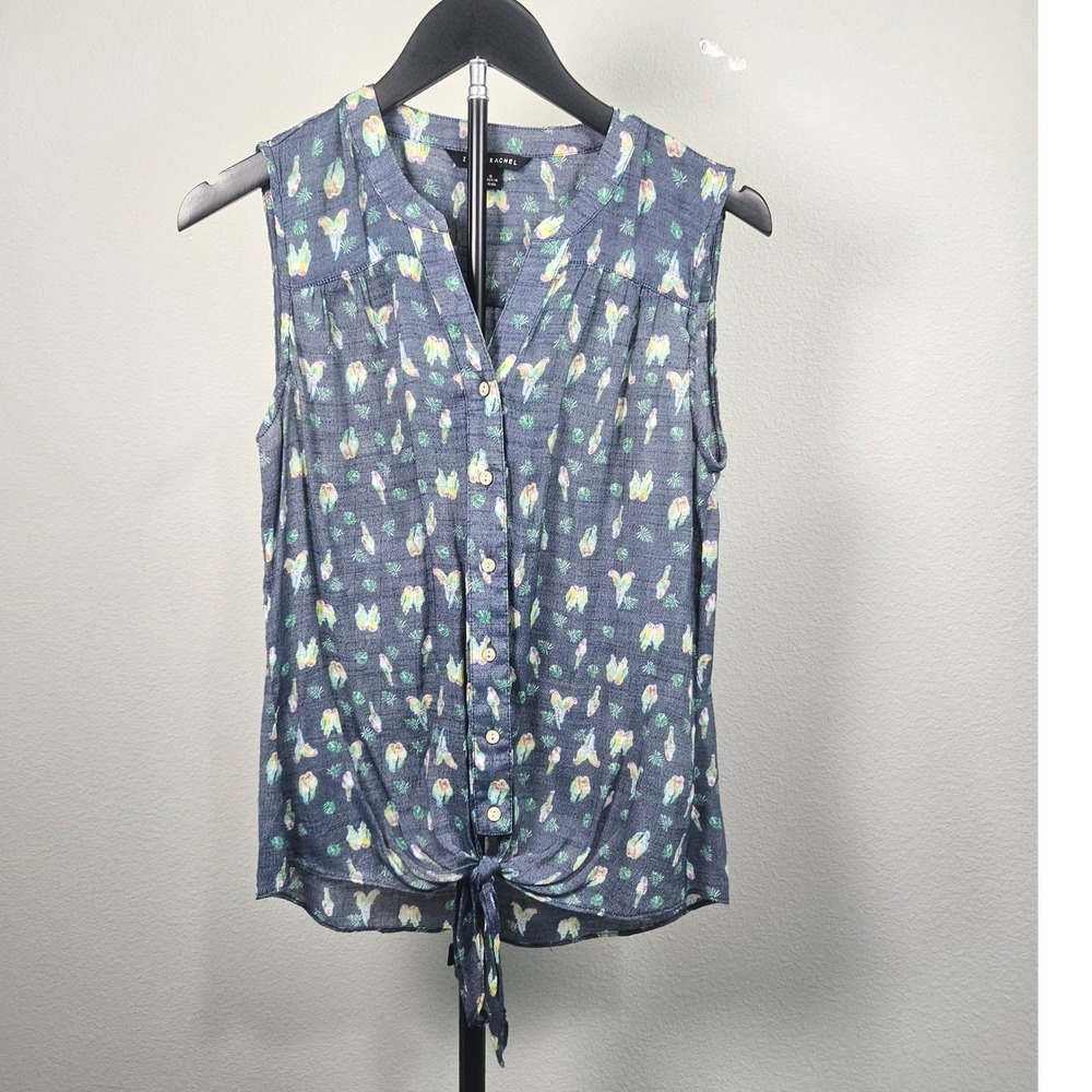 Zac & Rachel Blouse Womens Small Blue Parrot Tropical Tie Front Casual Summer